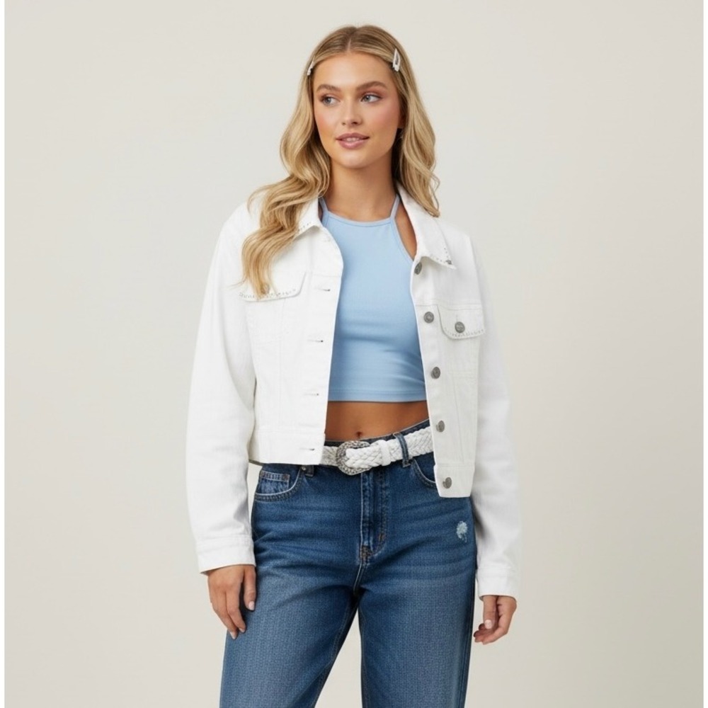 Vintage Y2K Old Navy Medium‎ White Rhinestone Western Cropped Denim Jacket